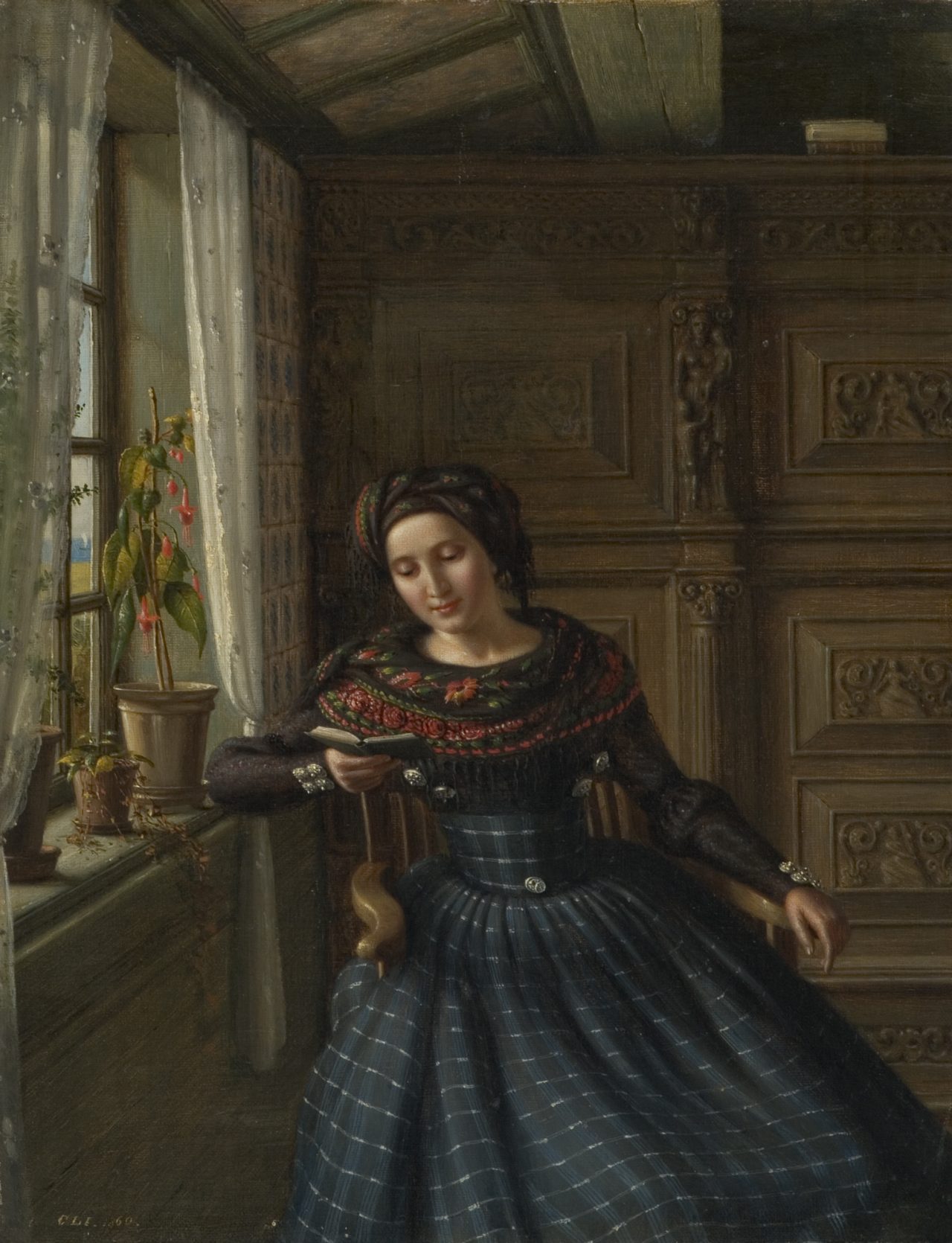 Carl Ludwig Jessen - Interieur mit junger Frau in Föhrer Tracht