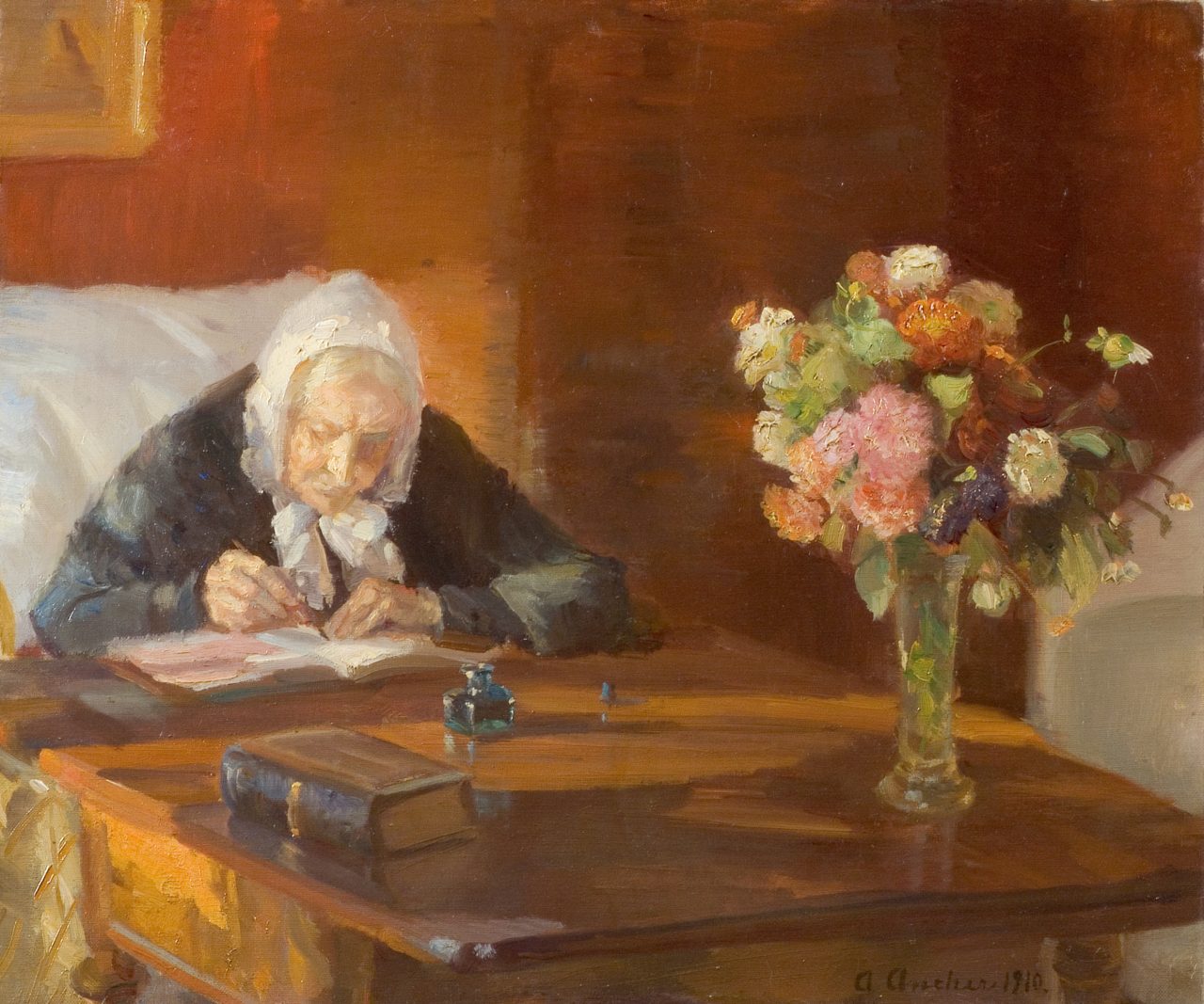 Gemälde von Anna Ancher, Ane Hedvig Brøndum, am Tisch sitzend, 1910